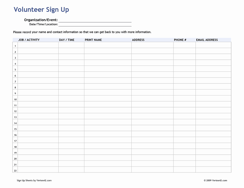 Volunteer Sign Up Sheet Printable Awesome Free Printable Volunteer Sign Up Sheet Pdf From Vertex42