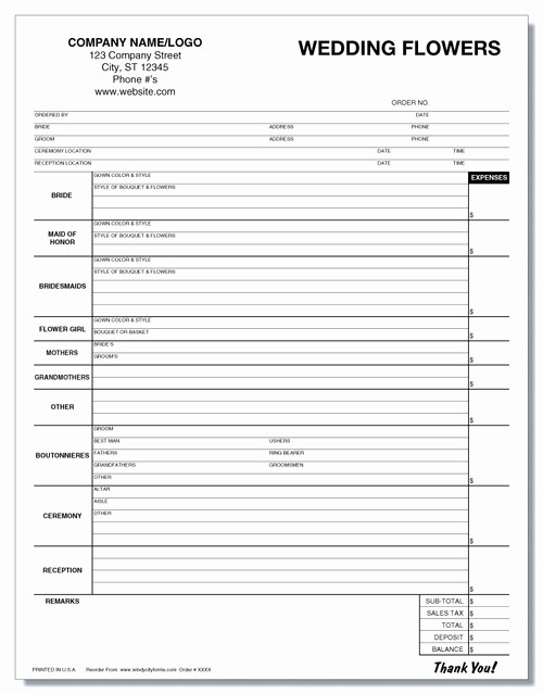 Wedding Flowers order form Template Lovely Wedding Flowers Work order Invoice Windy City forms