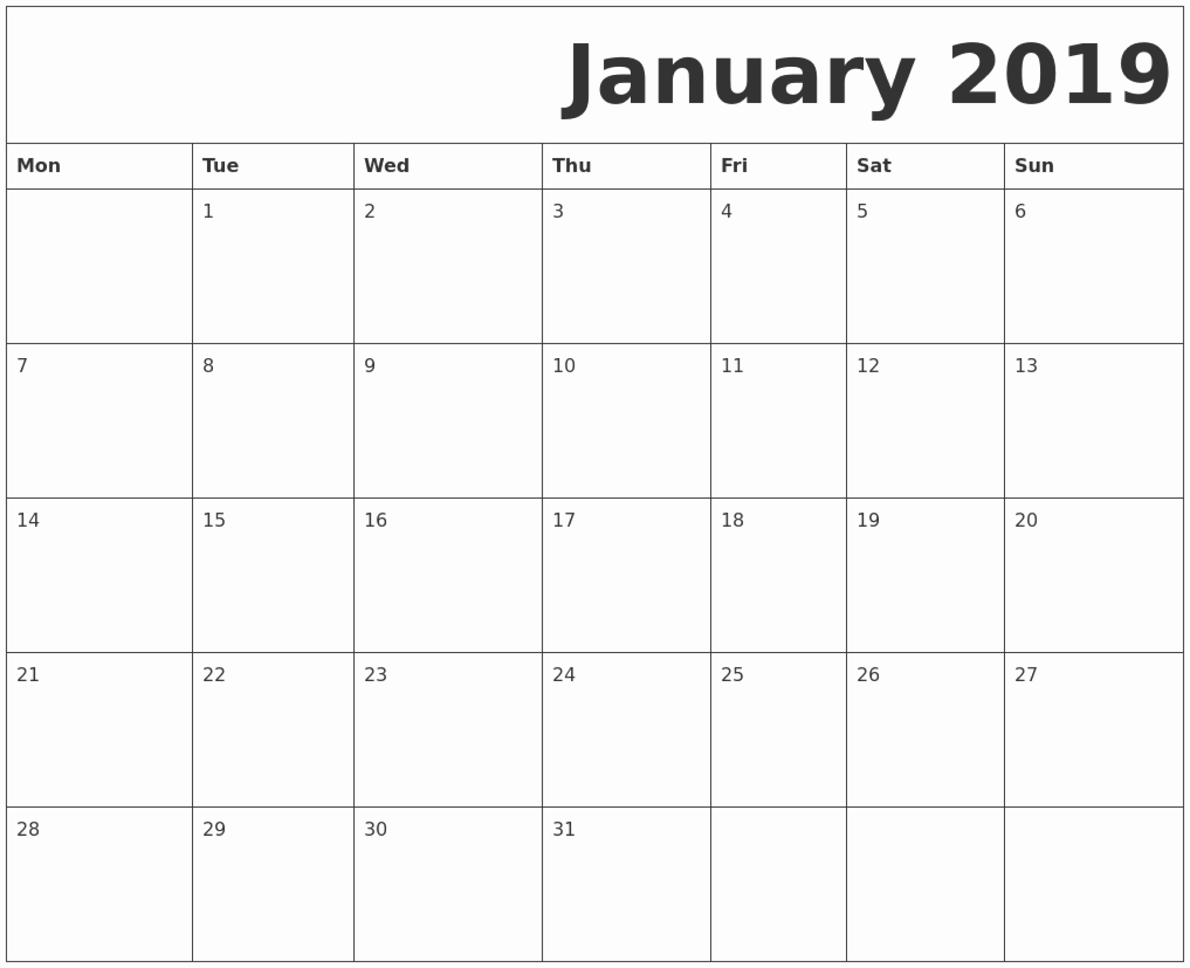 Weekly Calendar Starting with Monday Awesome January 2019 Printable Calendar Monday Start