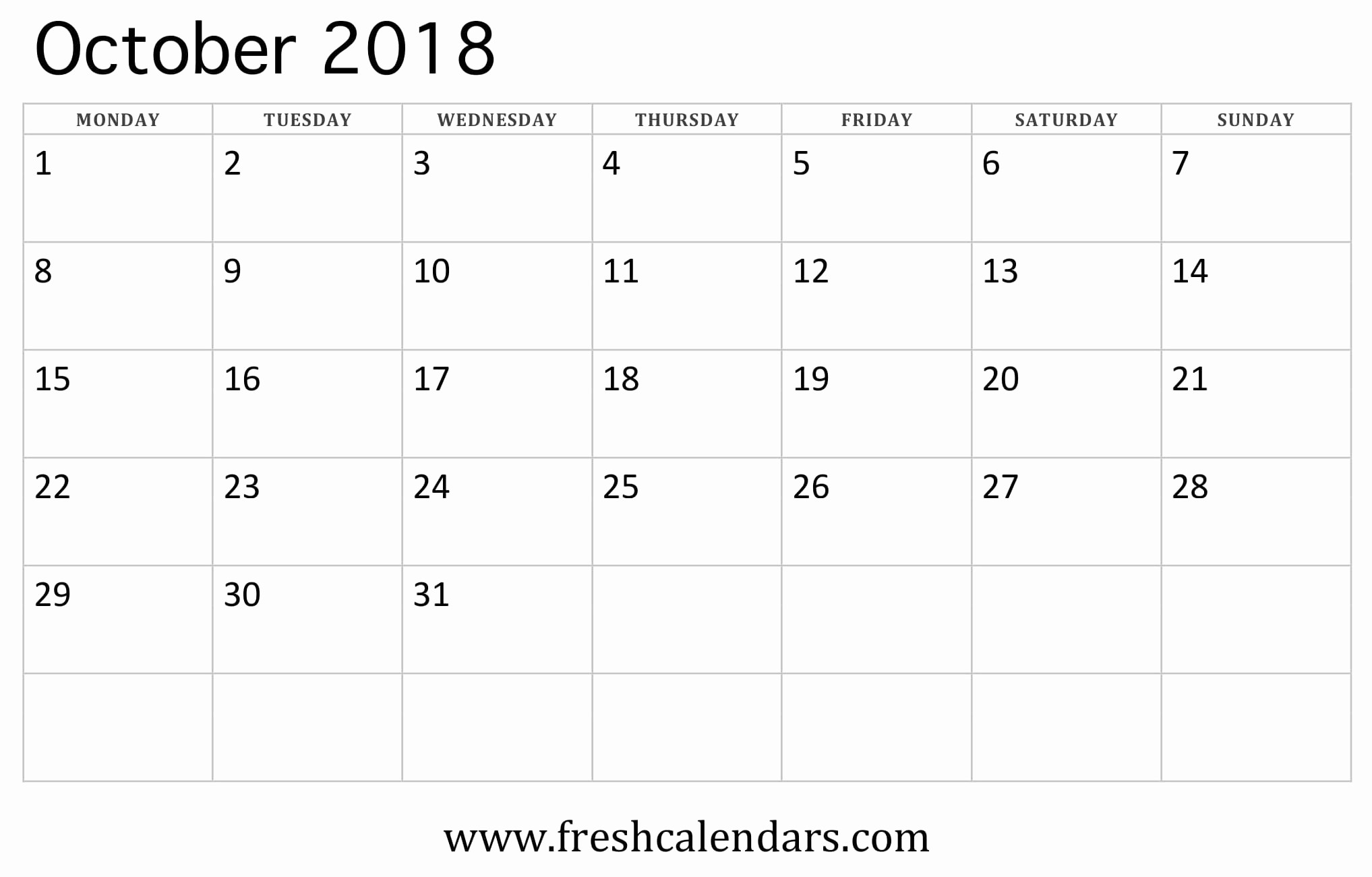Weekly Calendar Starting with Monday Inspirational Blank October 2018 Calendar Printable Templates