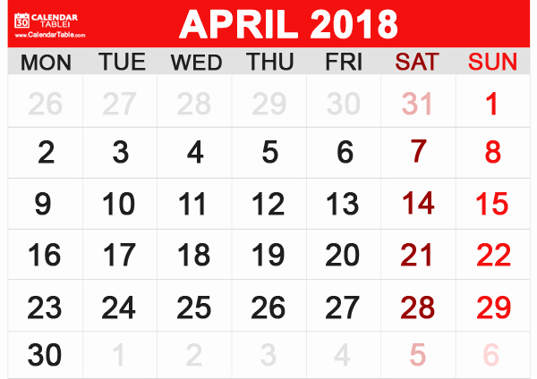 Weekly Calendar Starting with Monday Unique Printable April 2018 Calendar