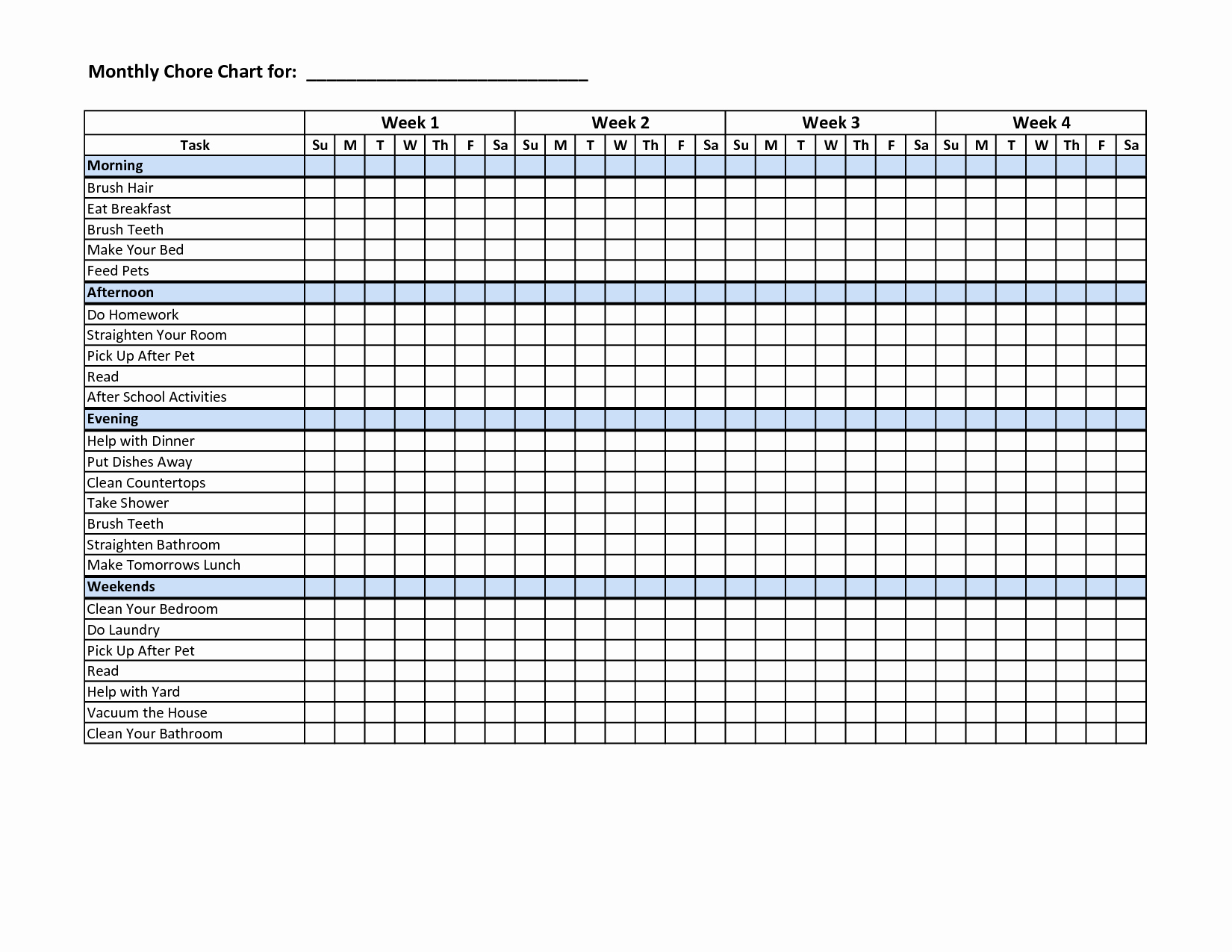 Weekly Chore Chart Template Excel Awesome Chore Charts for Multiple Children