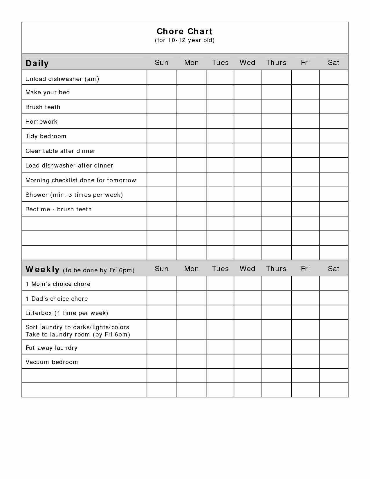 Weekly Chore Chart Template Excel Fresh Blank Chart Template Example Mughals