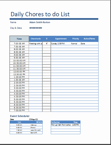 Weekly Chore Chart Template Excel New Excel Daily Chores to Do List Template