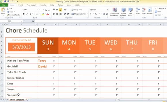 Weekly Chore Chart Template Excel Unique Weekly Chore Schedule Template for Excel 2013 Task List