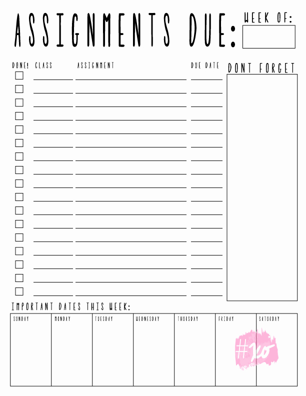 Weekly Homework assignment Sheet Template Beautiful Weekly assignments Printable — Alex Marie