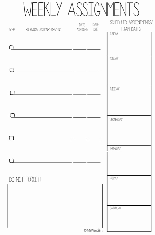 Weekly Homework assignment Sheet Template Elegant Free College Planner Printables Stickers