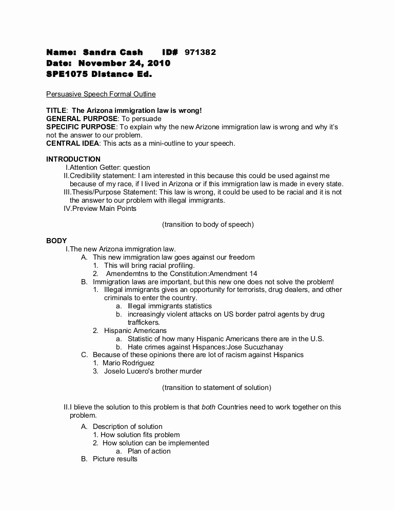 What is A Speaking Outline Luxury Persuasive Speech formal Outline