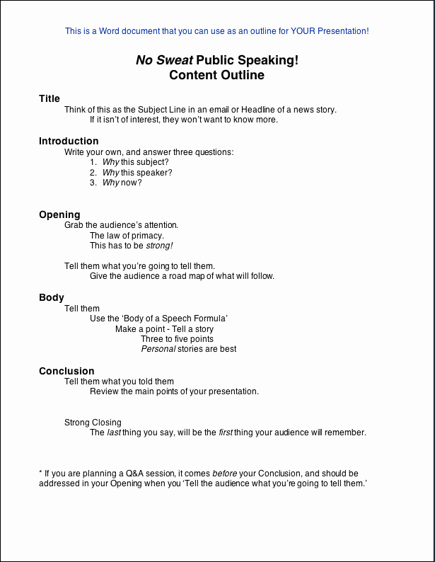 What is A Speech Outline Elegant the No Sweat Public Speaking Content Outline