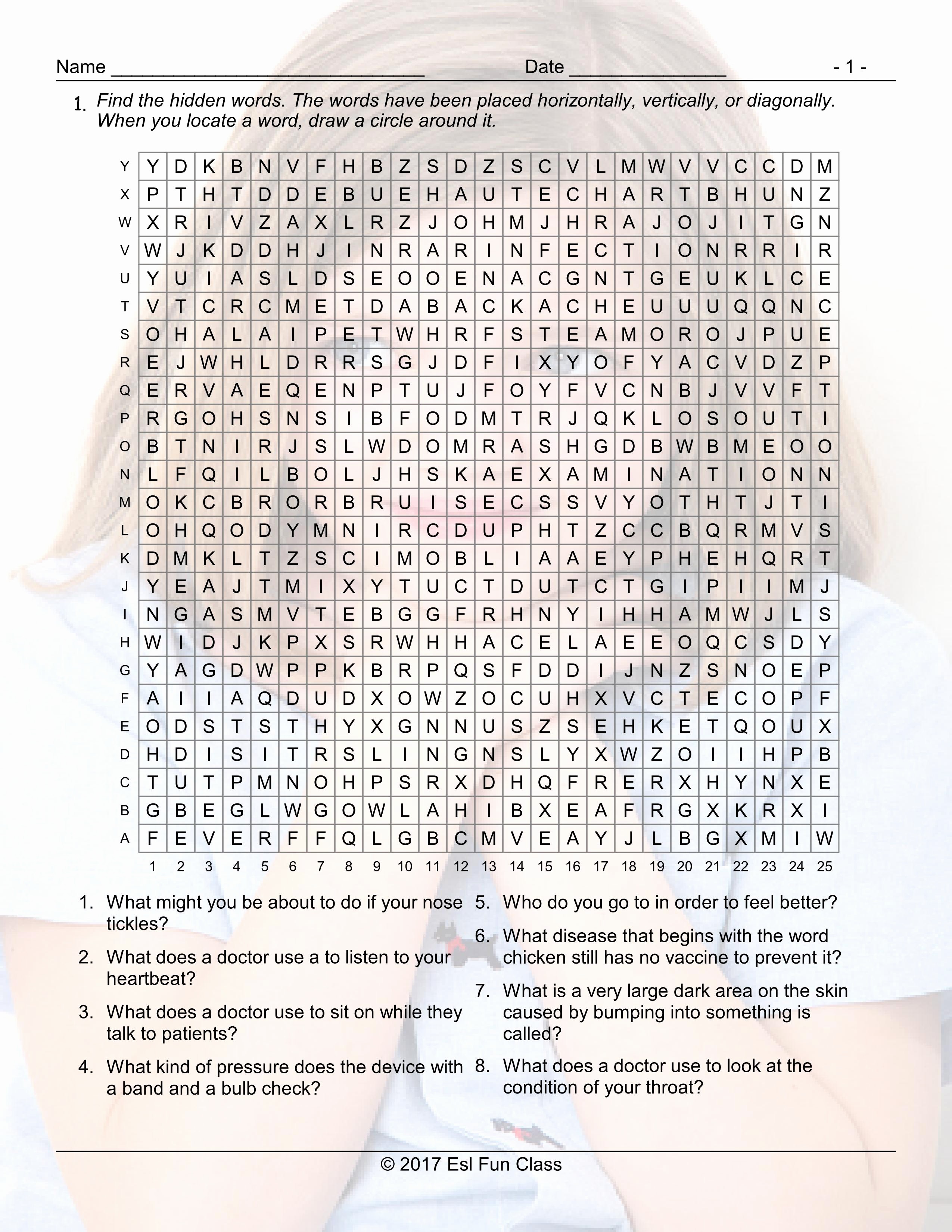 Word for Things to Do Elegant Doctors Illness Injury Word Search Worksheet Esl Fun Games