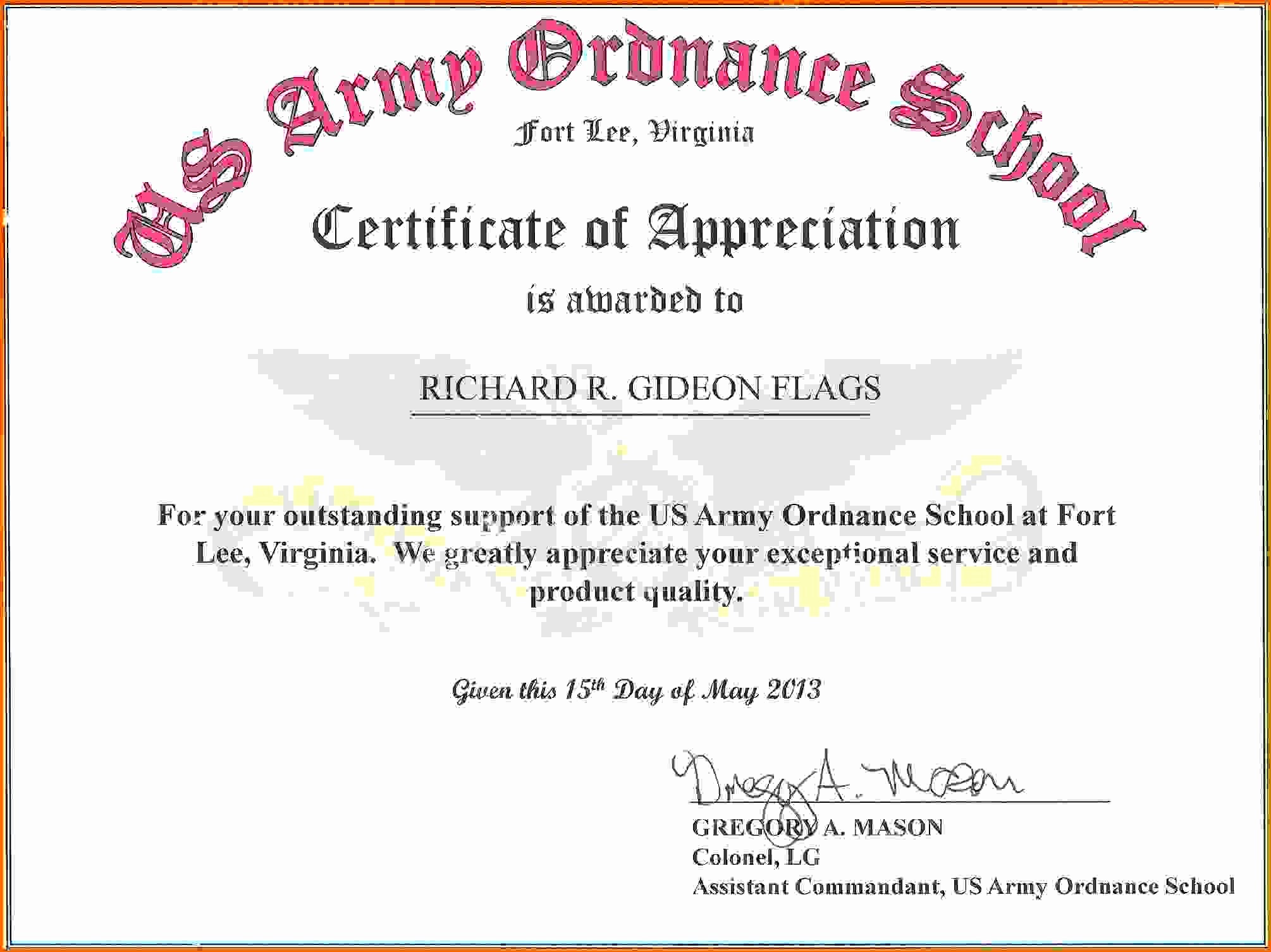 Words for Certificate Of Appreciation Awesome Army Certificate Achievement Template Example Mughals