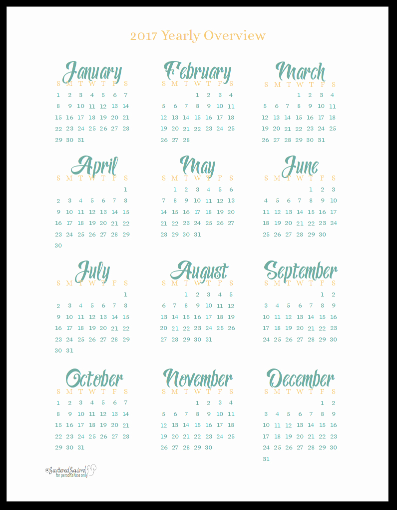 Year at A Glance Printable Beautiful 2017 Year at A Glance Scattered Squirrel