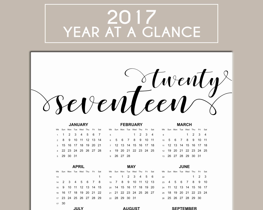 Year at A Glance Printable Elegant 2017 Calendar Printable Year at A Glance Us Letter Size