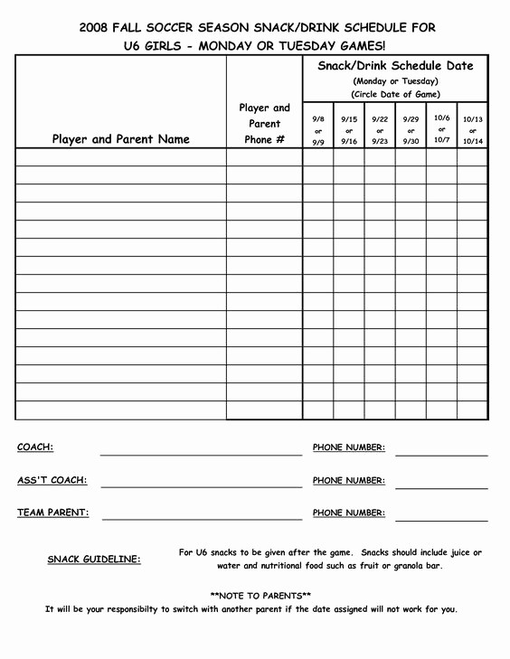 Youth Sports Snack Schedule Template Beautiful Snack Schedule Template
