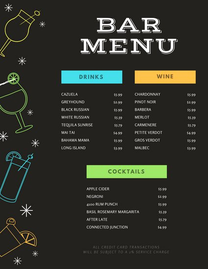 Bar Menu Template Free Fresh Black with Colourful Drink Icons Bar Menu Templates by Canva