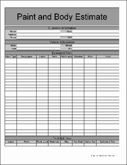 Body Shop Estimate Template Inspirational Free Basic Paint and Body Estimate form From formville