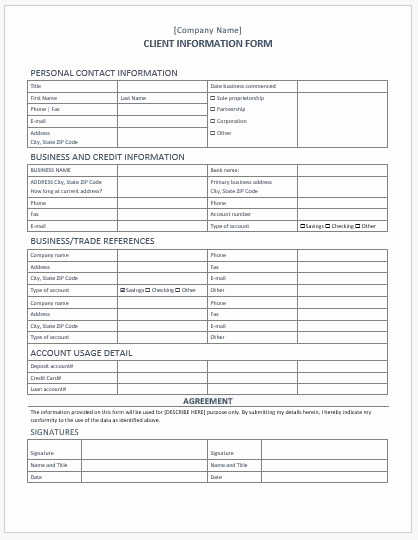 Customer Information Sheet Template Fresh Client Information form Template for Word