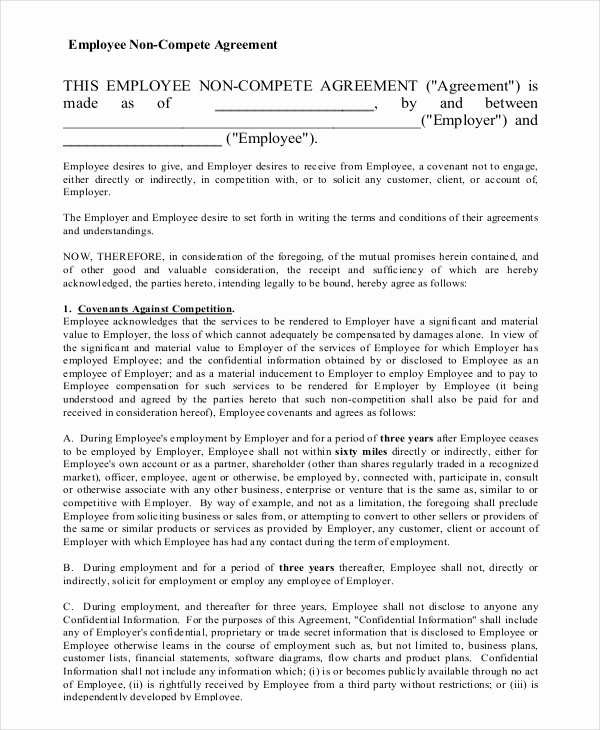 Employee Non Compete Agreement Template Fresh 11 Employee Non Pete Agreement Templates Free Sample