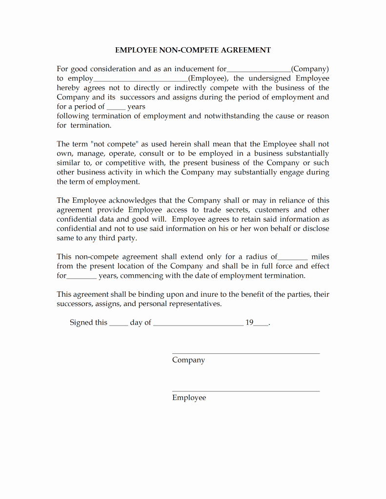 Employee Non Compete Agreement Template New Non Pete Agreement Tempalte