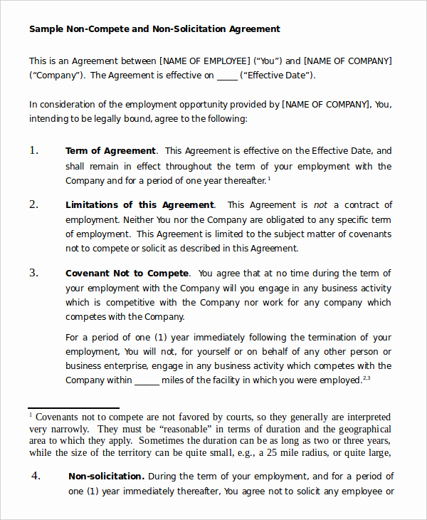 Employee Non Compete Agreement Template New Non Pete Agreement Template 9 Free Sample Example