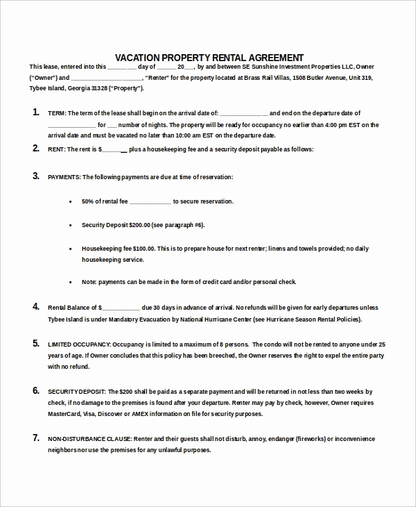 House Rental Contract Template Elegant Vacation Rental Agreement – 8 Free Word Pdf Documents