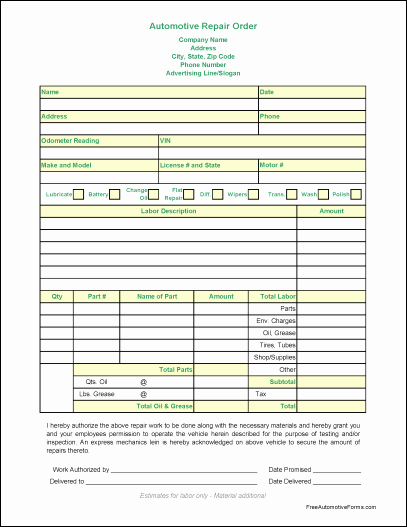 Mechanic Work order Template Inspirational Auto Repair orders forms
