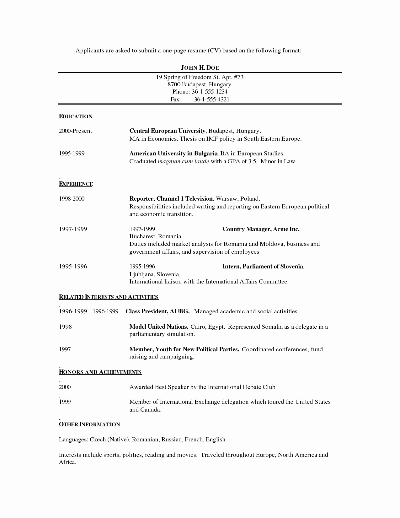 One Page Resume Template Free New E Page Resume Template