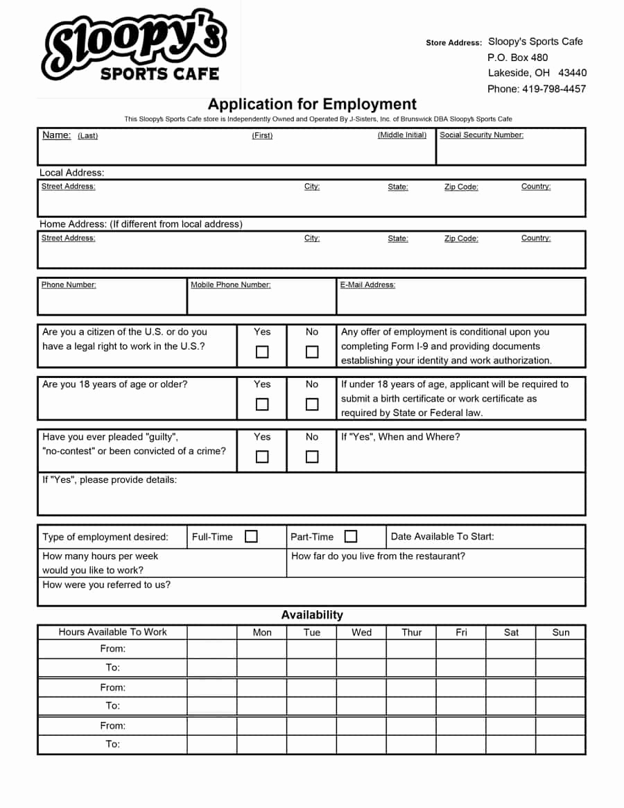 Printable Job Applications Template Elegant 50 Free Employment Job Application form Templates