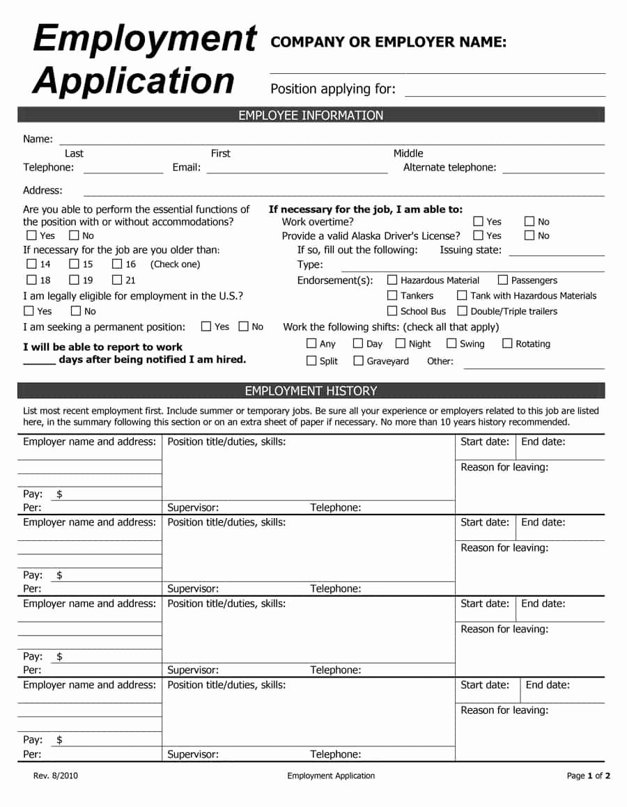 Printable Job Applications Template Lovely 50 Free Employment Job Application form Templates