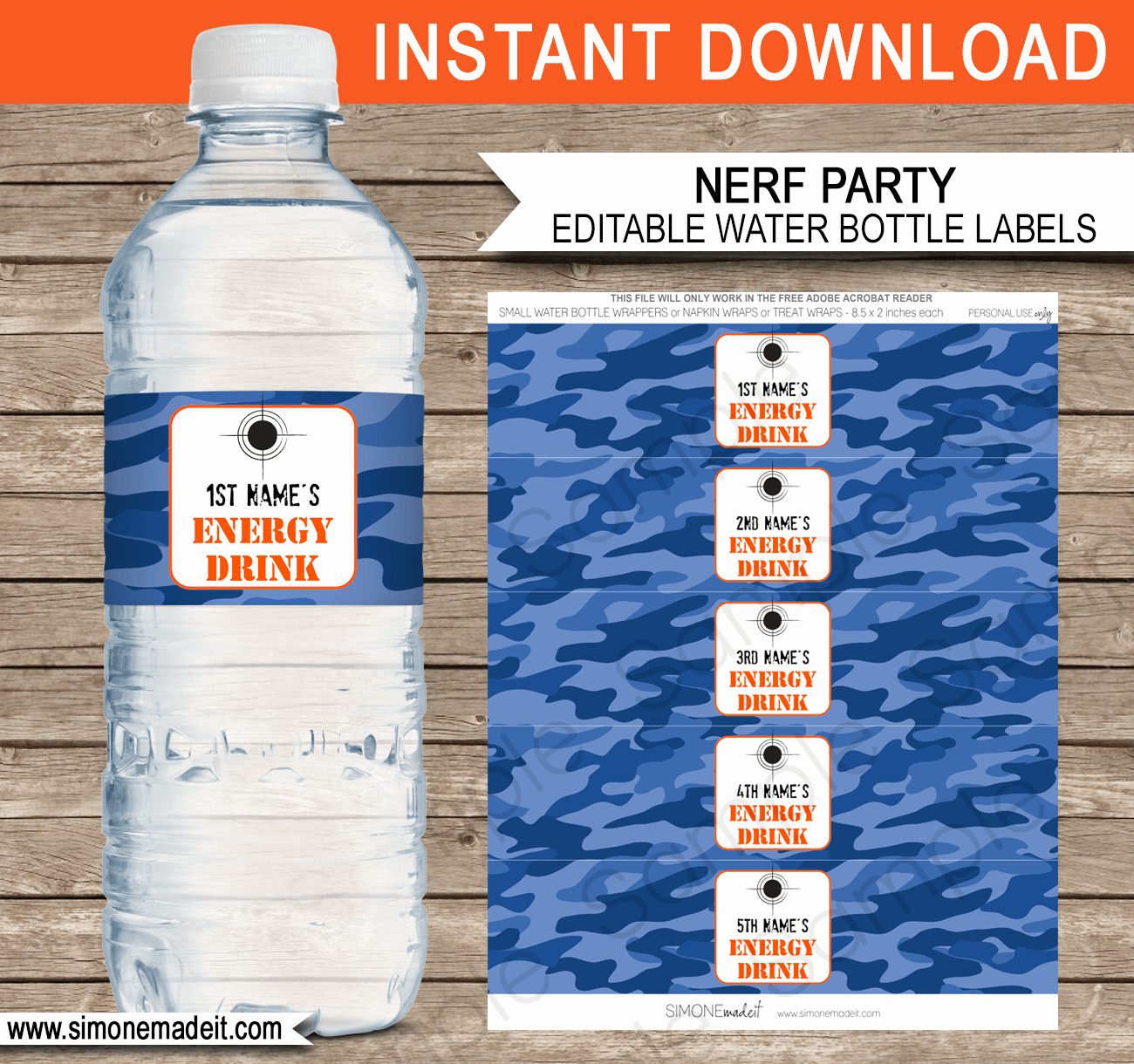 Water Bottle Labels Free Template Unique Nerf Printables Blue Camo